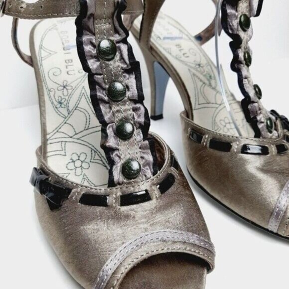 BOBBI BLU Edith Satin Peep Toe Gem T-strap Slingbacks High Heel Shoes Gray Sz 8 - Picture 5 of 11